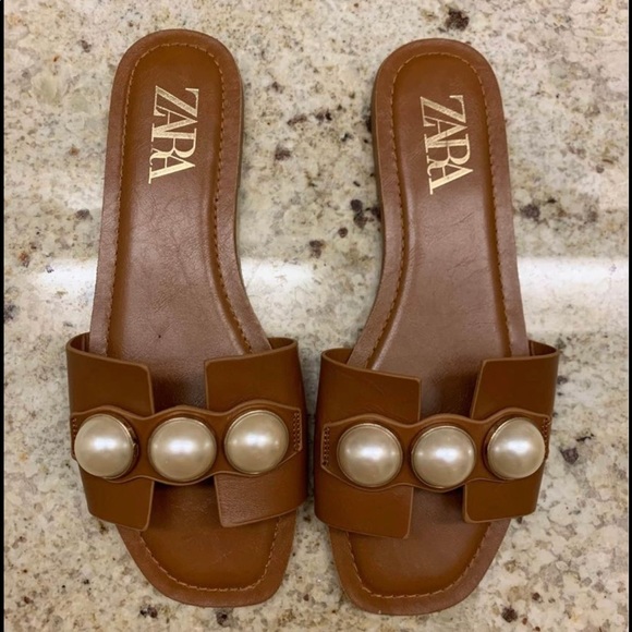 Zara pearl cognac sandals slides 9.5-10US excellen